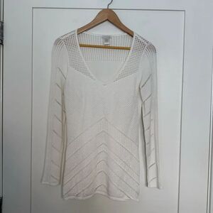 Cache Top Womens Sz S White V Neck Long Sleeve Crochet Mesh Sheer Stretch